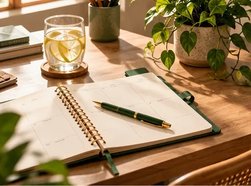 Planner em mesa iluminada