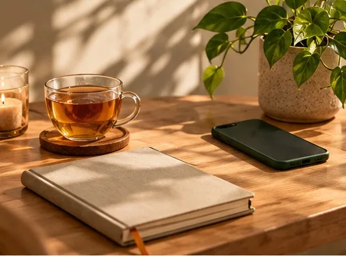 Mesa calma com chá e caderno